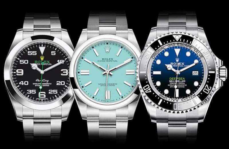 2022年停产的3款劳力士手表：Rolex Air-King（左）、Rolex Oyster Perpetual绿松石面（中）、Rolex Deepsea（右）（世界腕表官网）