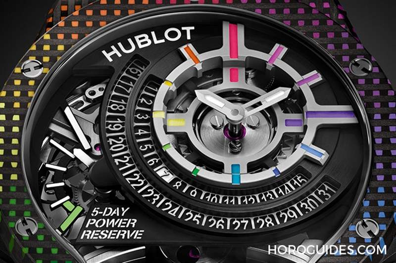 HUBLOT - 为碳纤维表壳编织出彩虹色调：HUBLOT MP-09双轴陀飞轮5天动力储存腕表