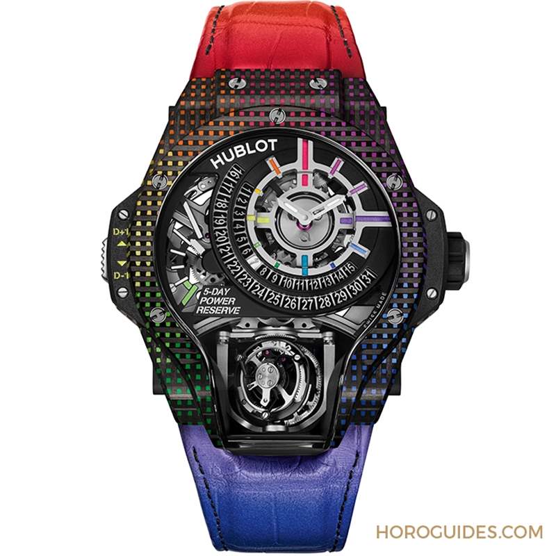 HUBLOT - 为碳纤维表壳编织出彩虹色调：HUBLOT MP-09双轴陀飞轮5天动力储存腕表