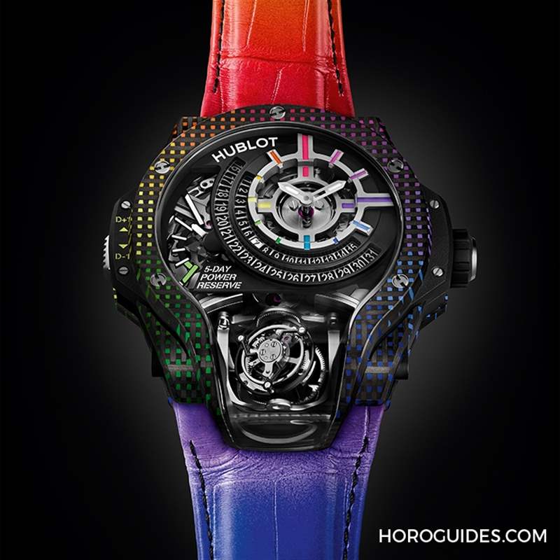 HUBLOT - 为碳纤维表壳编织出彩虹色调：HUBLOT MP-09双轴陀飞轮5天动力储存腕表