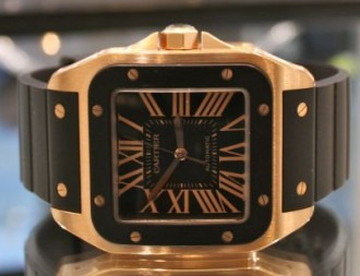 卡地亚桑托斯 100 XL 玫瑰金配橡胶表带手表-复刻表