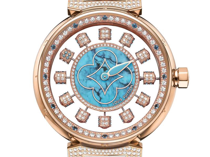 Louis Vuitton推出宝石表盘版Tambour Spin Time Air腕表:孔雀石,绿松石,宝石悬空表盘-复刻表
