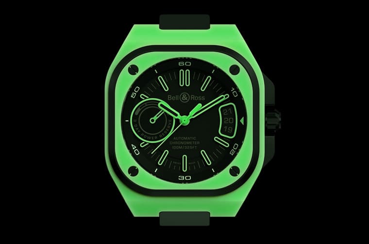 柏莱士夜光系列BR-X5 Green Lum再进化整枚表壳都会发出绿光